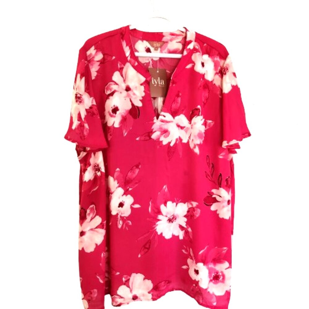 Iyla Plus Hot Pink Top 4X Short Sleeve, Summer Breezy Pink Floral, Career